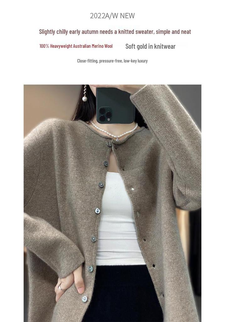 Rolled Edge Cashmere Wool Loose Round Neck Cardigan Sweater: Stylish Slim-Fit Knit for Women in Solid Colors for Spring