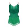 Womens Dance Leotard Ruched Mesh Drapes Glittery Rhinestones Adjustable Straps Cutout Fringe Bodysuit Performance Wear