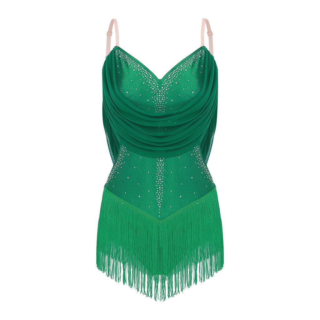 Womens Dance Leotard Ruched Mesh Drapes Glittery Rhinestones Adjustable Straps Cutout Fringe Bodysuit Performance Wear
