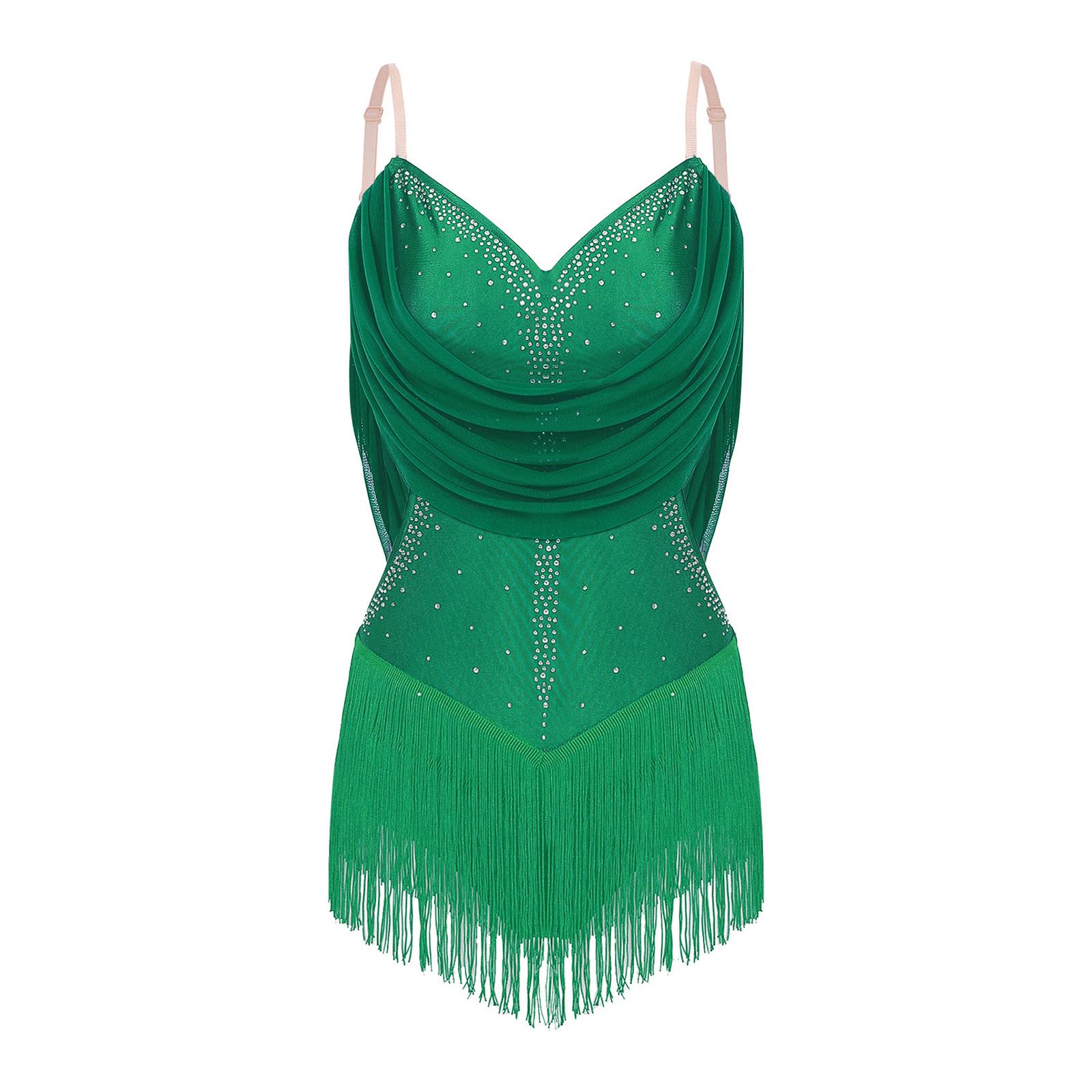 

Женский купальник для танцев с драпировкой из сетки, кисточками, блестящими стразами, регулируемыми бретелями и вырезом с бахромой XS зелёный
