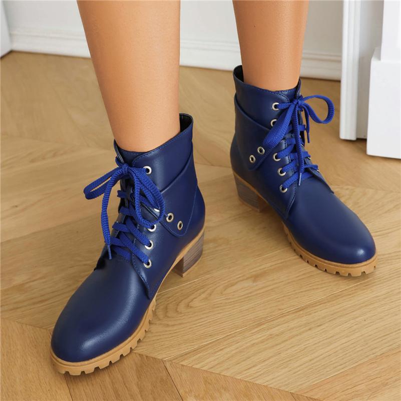 FOREADA Women Ankle Short Boots Round Toe Thick Mid Heels Lace-up Combat Boots Ladies Fashion Shoes Winter Black Blue Camel 43