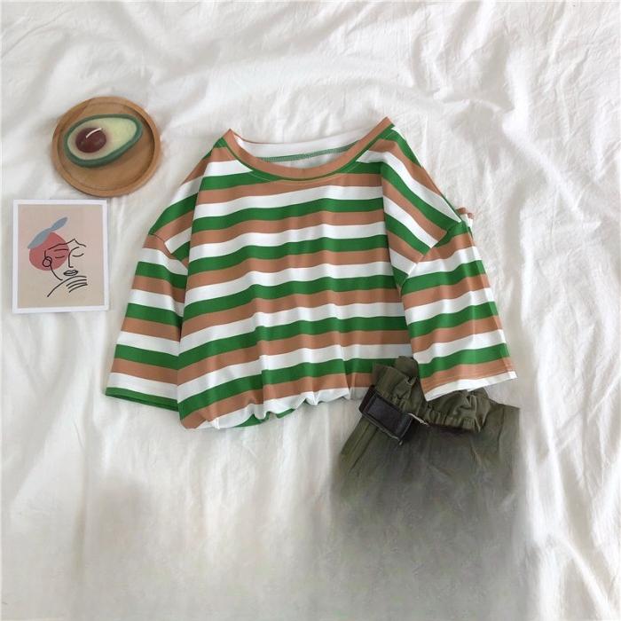 Summer Women's Colorful Stripes Casual Loose Short Sleeve Female T-shirt Y2k Tops Tees Women 90s T-shirts Harajuku Women T Shirt