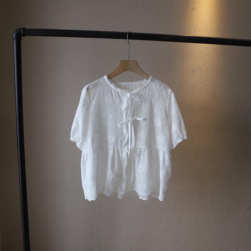 Bi Zheng 2025 Hollow Lace Puff Sleeve Embroidered Shirt for Women