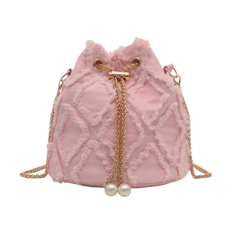 Portable Pearl Denim Bucket Bag Chain Small Purse Tassel Denim Crossbody Bag Korean Style Handbag Cloth Shoulder Bag Party