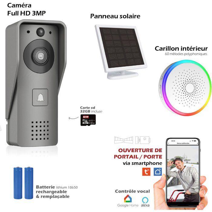 Portier Vidéo - KYF - Wifi - Rechargeable avec panneau solaire - Carillon intérieur et Carte SD 16Go