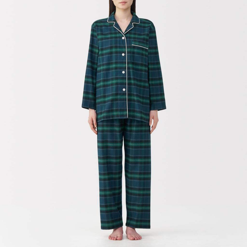 MUJI Seamless Flannel Long Sleeve Dark Green Size Size Small Women's Pajamas, Check, FD1LYA5A, Women's