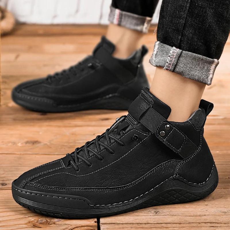 Winter Men Ankle Boots Waterproof Warm Snow Boots with Fur Breathable Leather Mens Winter Casual Shoes High Top Motorcycle Boots