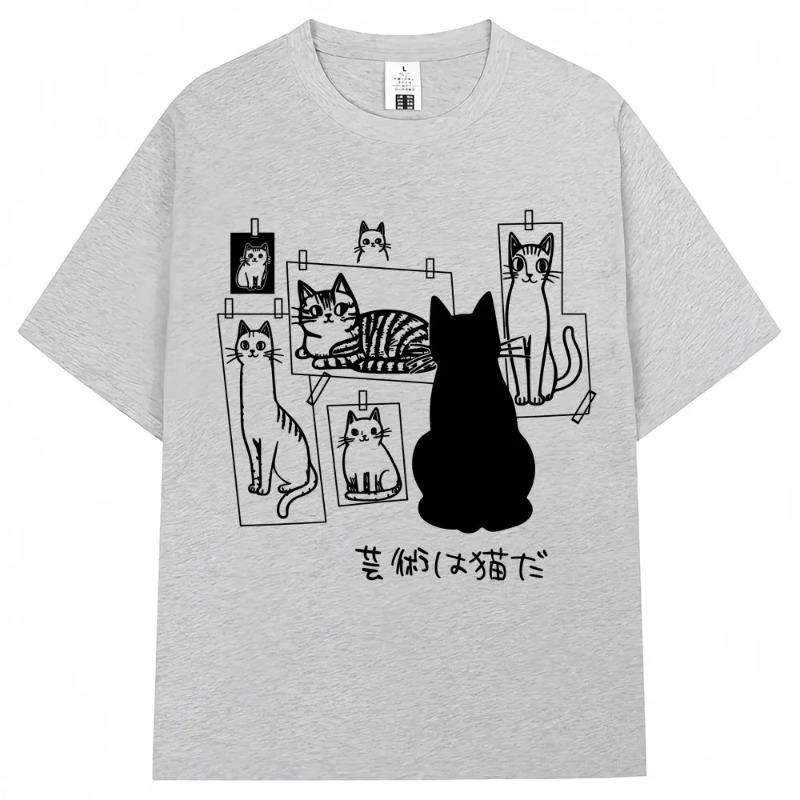 Japanese Funny Black Cat Anime Print T Shirt Men Women Fashion Vintage Harajuku T-shirts Oversized Cotton Casual T Shirts