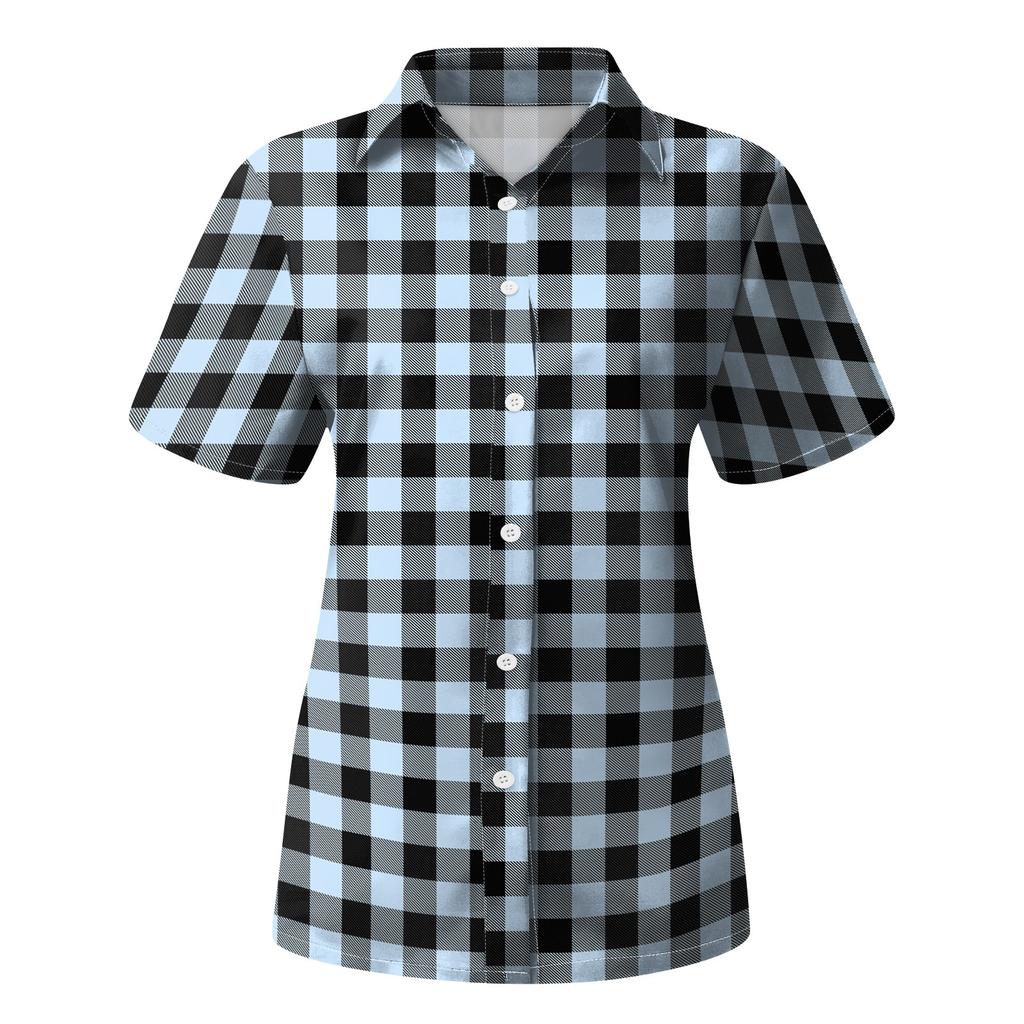 Women's Short Sleeve Button Down Shirt Loose Fit Casual Collared Blouse Summer Top