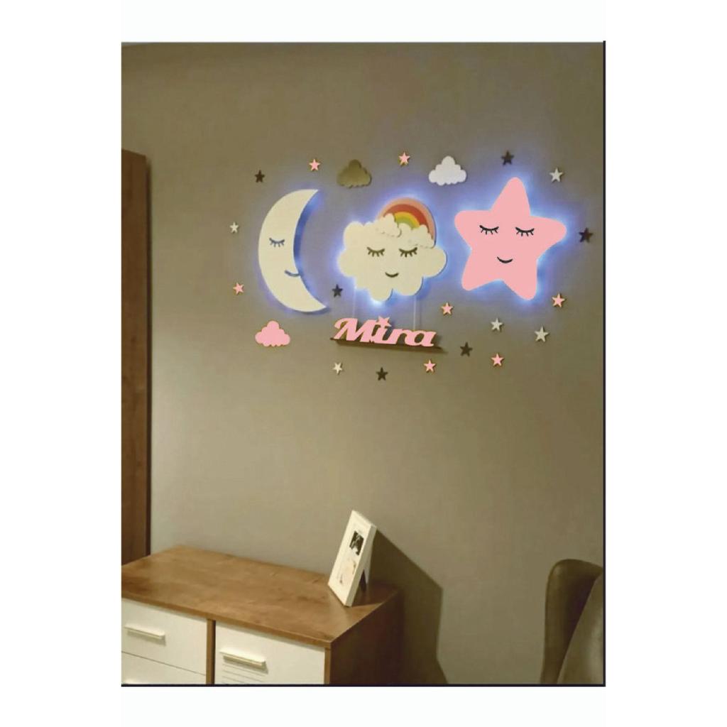 Dětský pokoj Dekorativní dřevěný Měsíc Rainbow Cloud Star noční světlo LED osvětlení