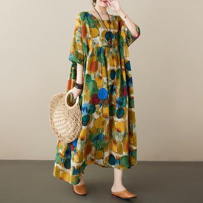 Cotton Linen Printed Plus Size Dresses Short Sleeve Round Neck Women Casual Loose Long Summer Dress