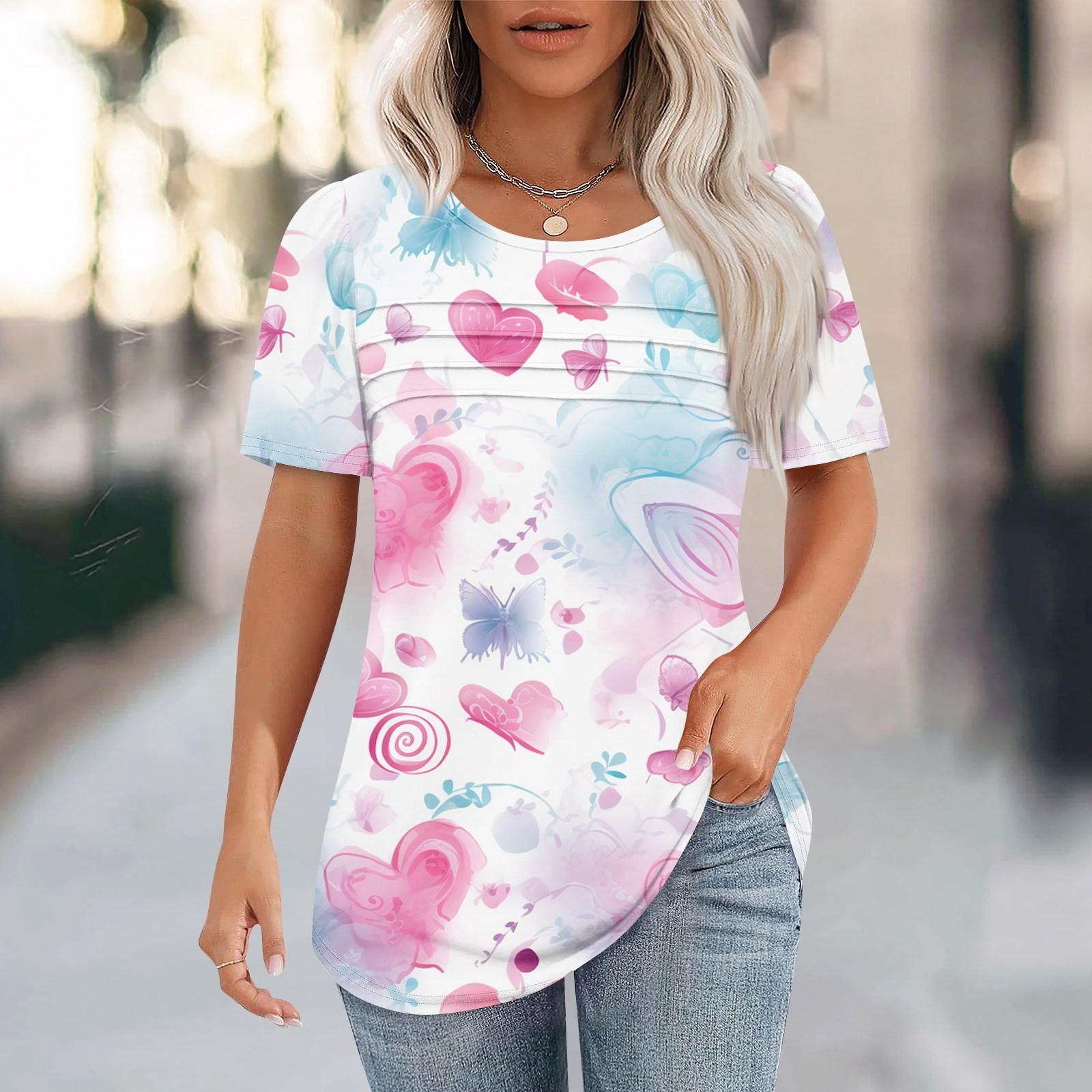 

Женский топ с короткими рукавами и круглым вырезом, с принтом в виде сердечек ко Дню святого Валентина, плиссированный XXXL