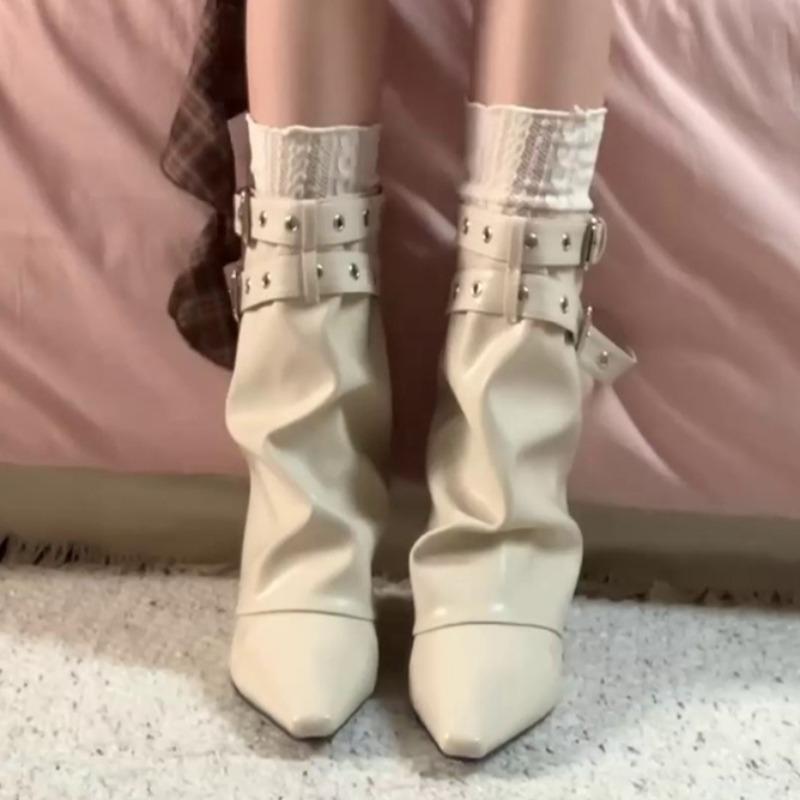 Pointed Toe Temperament Wedge Heel Trouser Boots Women'S New Skinny Belt Buckle French Spice Girl Short Boots