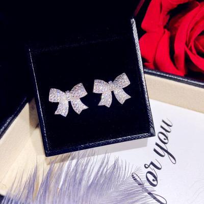 Super Flash Temperament Full Zircon Bow Delicate Small Earrings Female Trend Wild Silver Needle Earrings For Women
