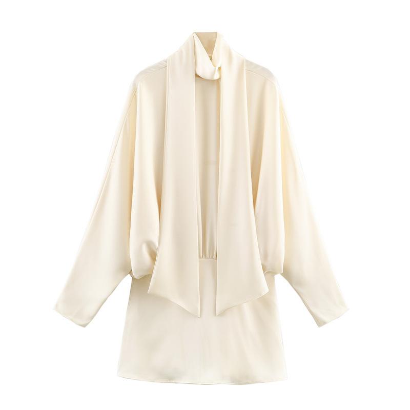 2026 Summer Satin Dress Women Blouse Dress Long Sleeve Casual Lace Up Party Mini Dress For Party Ladies Sexy Short Vestidos