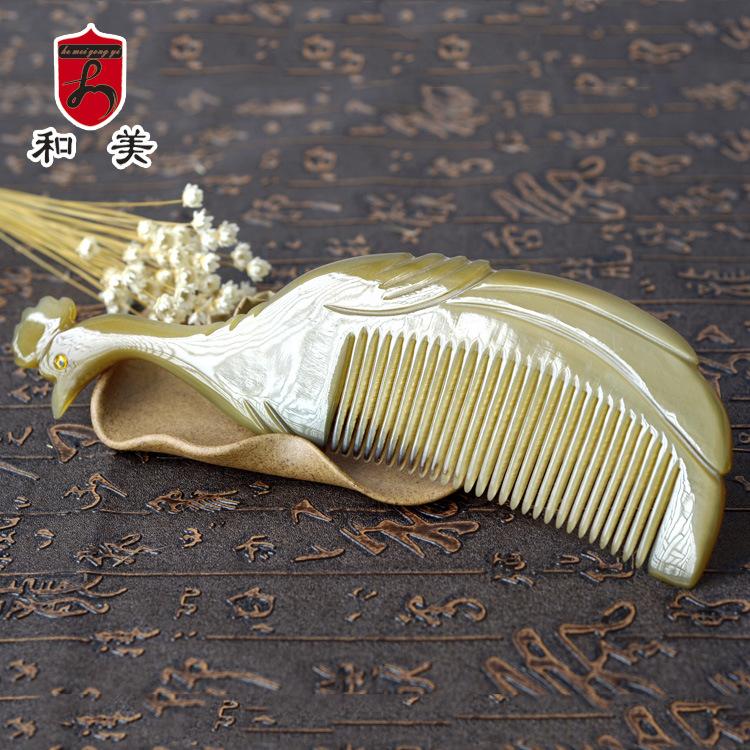 Carved Horn Comb, Horn Head Massage Comb, Exquisite Double-sided Peacock Yak Hair Care