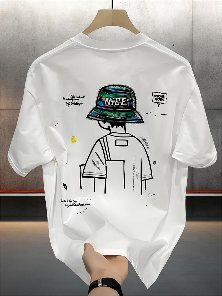 Mens Heavy Cotton Short Sleeve TShirt with Vibrant Cartoon Print Nice Bucket Hat Design Summer TShirt for Casual Wear