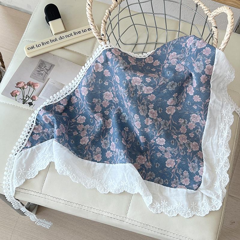 Headscarf summer women's pastoral triangle scarf literary retro crochet triangle scarf hat Y2K hot girl girl children hollow bud