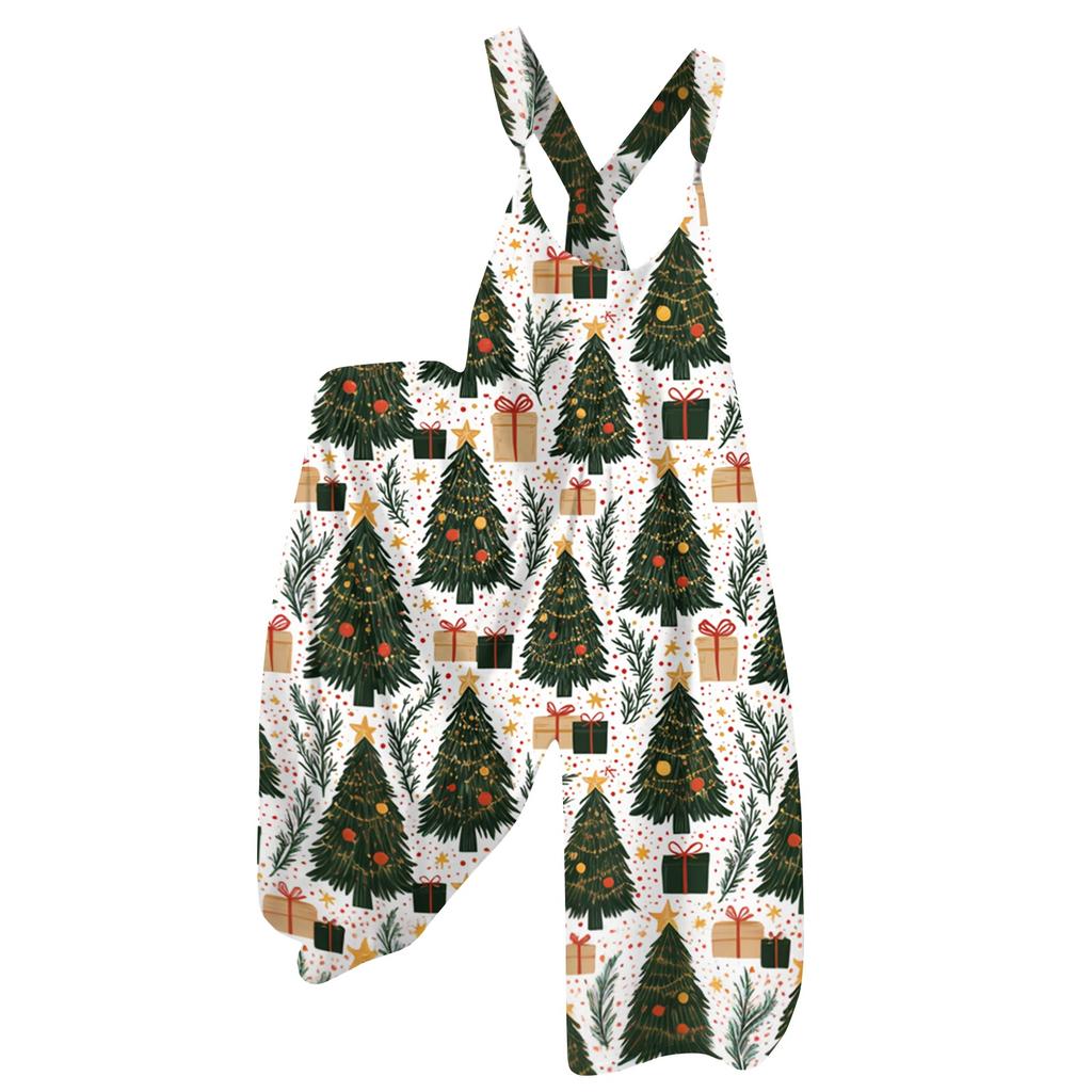 Women's Summer Suspender Jumpsuit with Retro Christmas Print and Non-Adjustable Straps