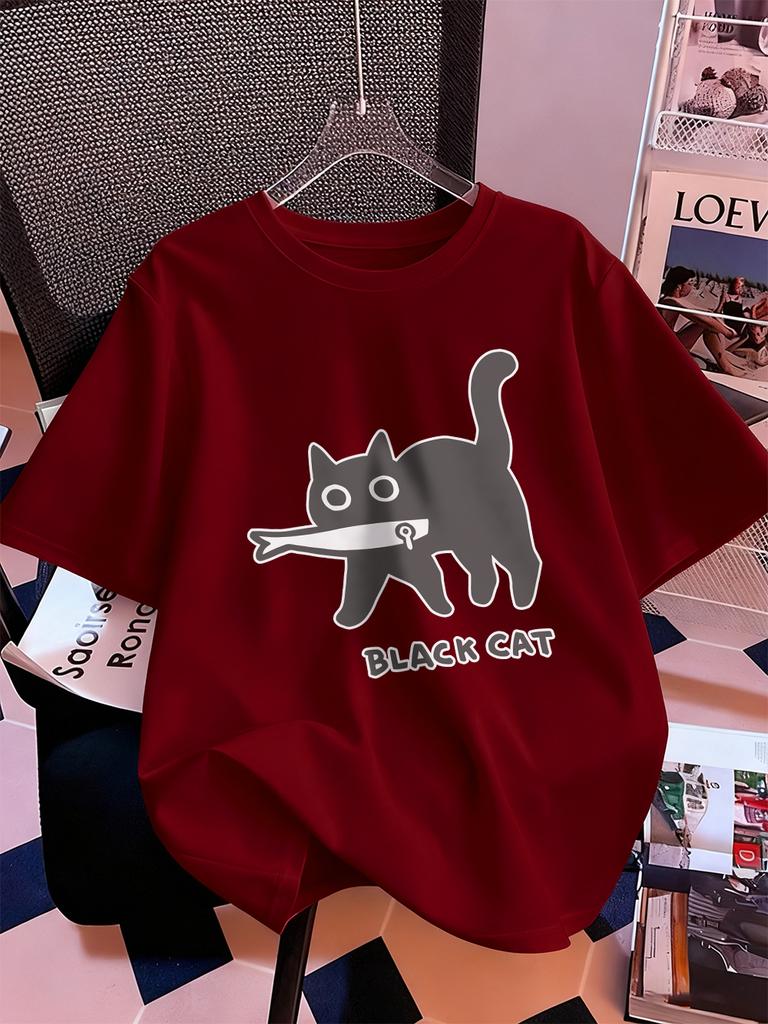 Cartoons Black Cat Prints Short Sleeve T-Shirts Womens Cotton Summer Tee Shirts Soft Loose O-Neck Tops Street Womans Clothes