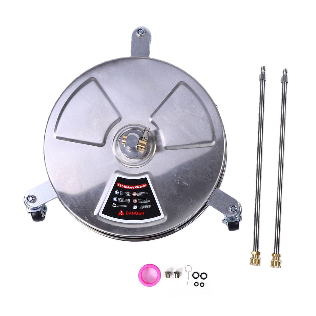 15 Inch Pressure Washer Surface Cleaner Stainless Steel Power Washer Accessory with 2 Extension Wand Quick Connect for