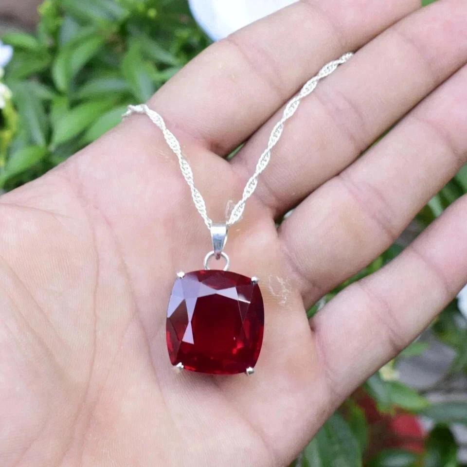 Natural Cushion Cut 20.11 Ct Red Ruby Silver Pendant Certified Gemstone Jewelry