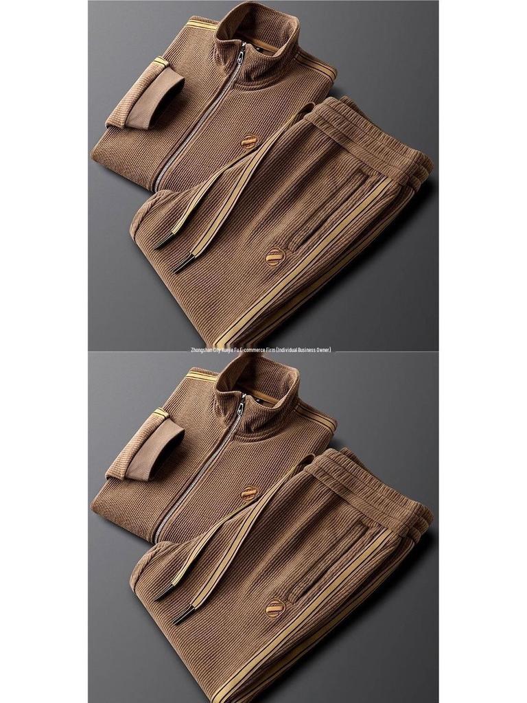 Men's Trendy Slim Fit Casual Sports Suit: Warm, Solid Color, Striped Two-Piece Set with Jacket & Straight-Leg Pants for Fall/Winter