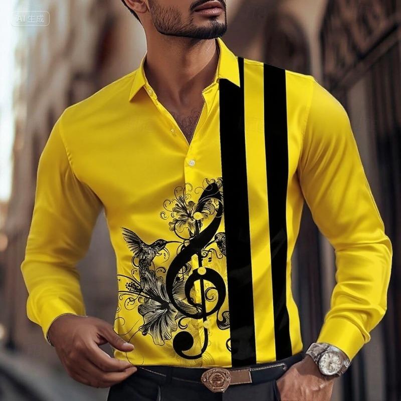2025 Men's Striped Musical Note Dress Shirt Button Long Sleeve Fashion Casual Autumn Lapel Shirt 3D Printing Men Clothing