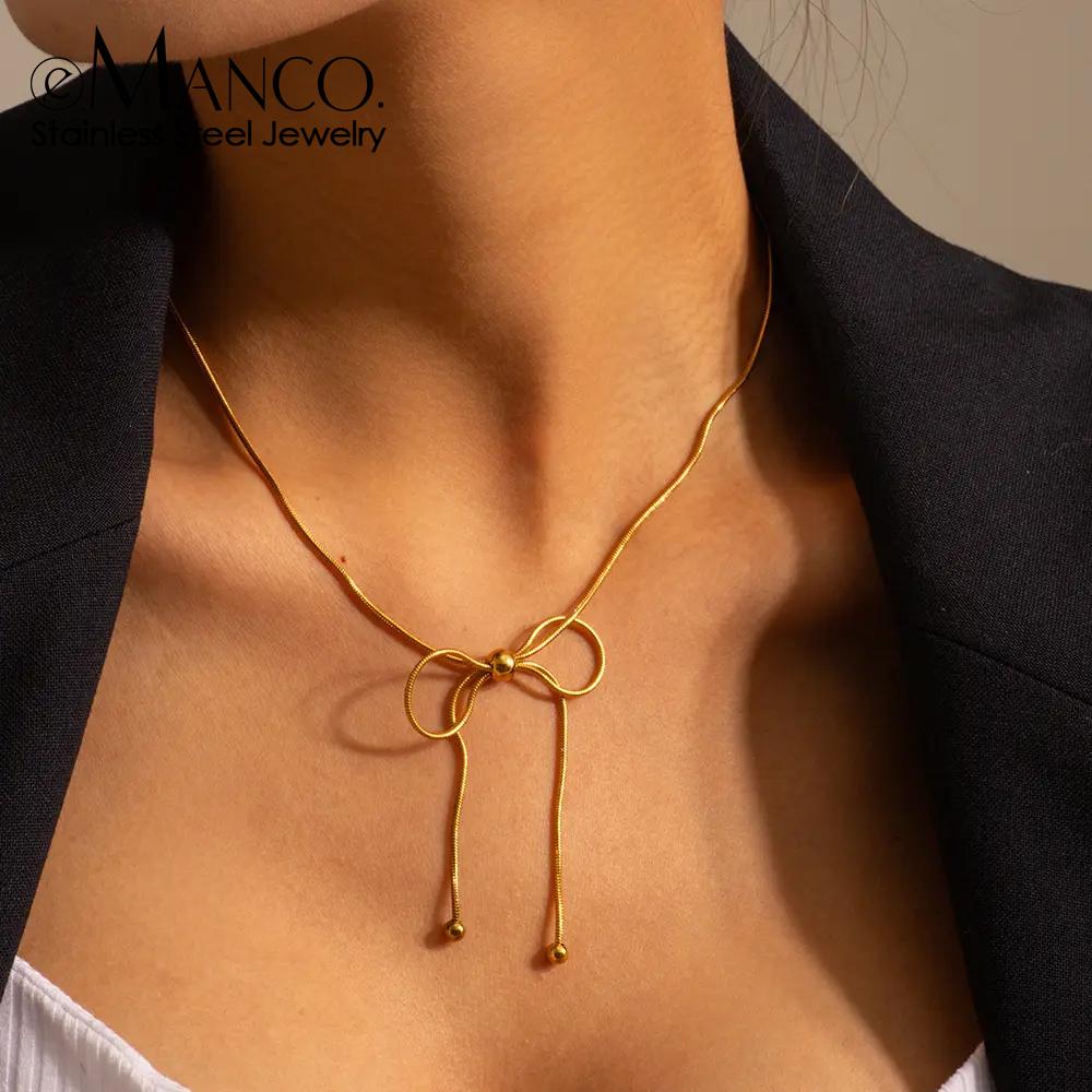eManco Stainless Steel Bow Necklace Tarnish Free Fashion Zircon for Women High Quality Accessories Gift