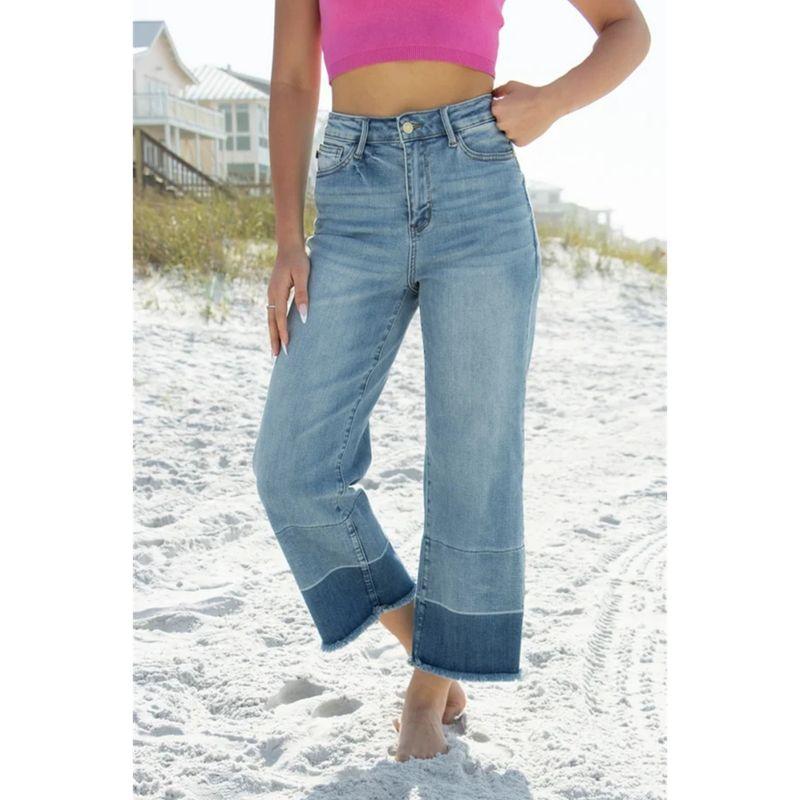 

Fashion High Waist Soft Color Matching Ankle-Length Frayed Hem Loose Pants Blue 11 minor flaws