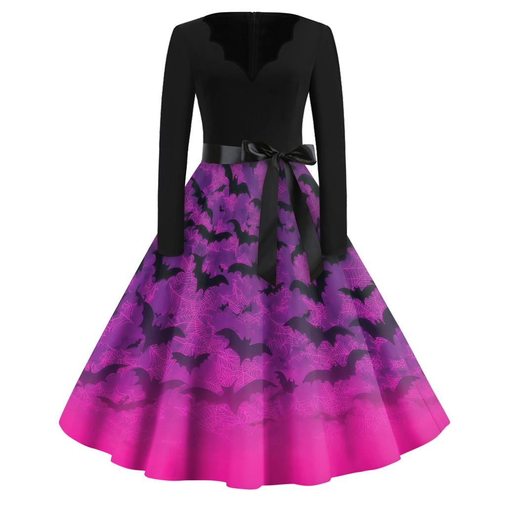 Women Casual Vintage V Neck Dress Long Sleeve Halloween Print Retro Style Midi Dress with Waist Tie Belt