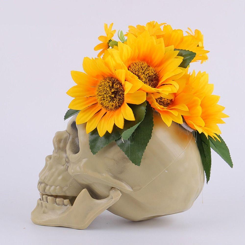 With Flower Sunflower Skull Ornament Plastic Halloween Decoration Prop Skull Statue  Living Room