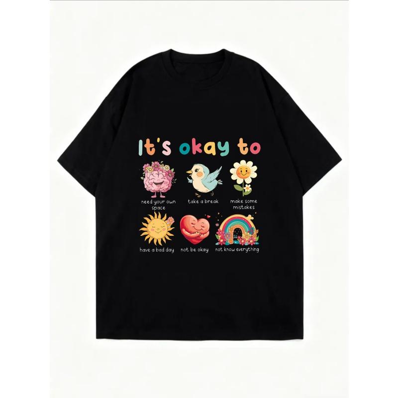 Black Oversized T-Shirt with Colorful Healing Patterns (Brain/Bird/Flower) – "It's okay to" Gentle Self-Care Slogan Top
