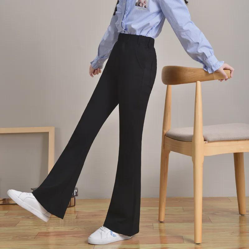 "2024 Girls' Stylish Black Bell-Bottom Pants - Trendy Spring & Autumn Wear for Big Kids"