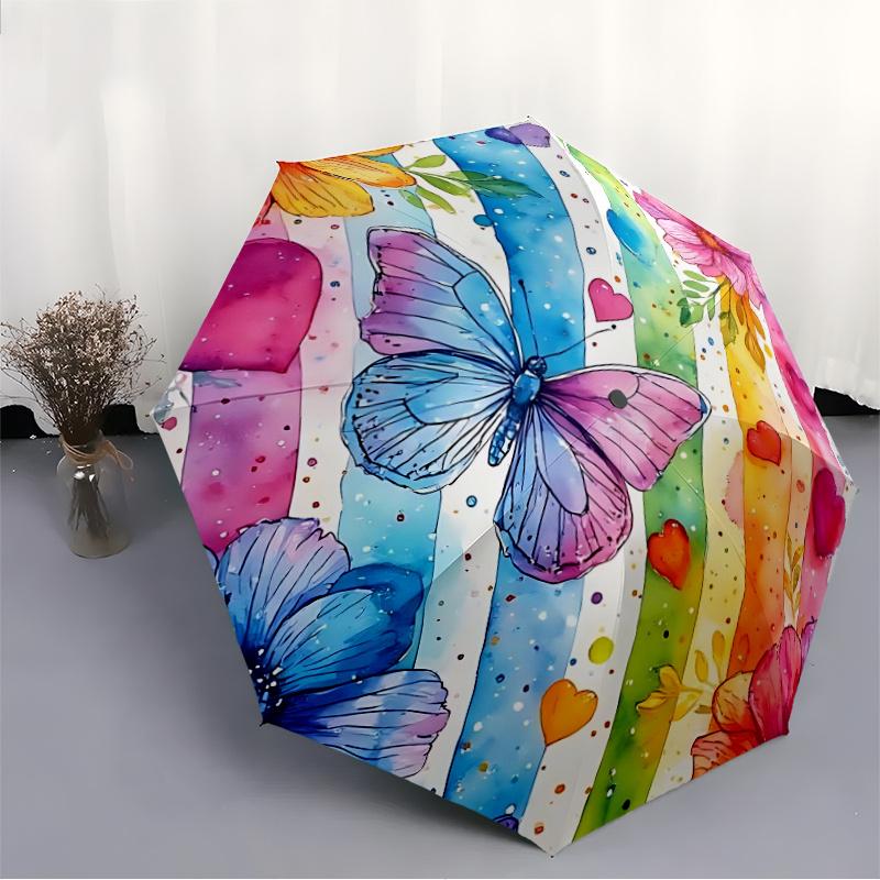 1pc Butterfly Rainbow Flowers Hearts Automatic Open/close Umbrella, 8-Rib sturdy structure, Auto Folding/Opening, Portable Travel Umbrella for Women
