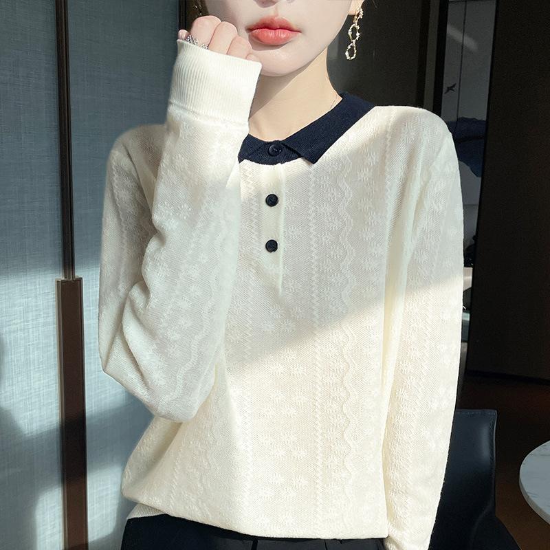 New Spring Autumn New Style Jacquard Knit Undershirt Inner Top Contrast Color Lapel Fashionable Women's Pullover Sweater