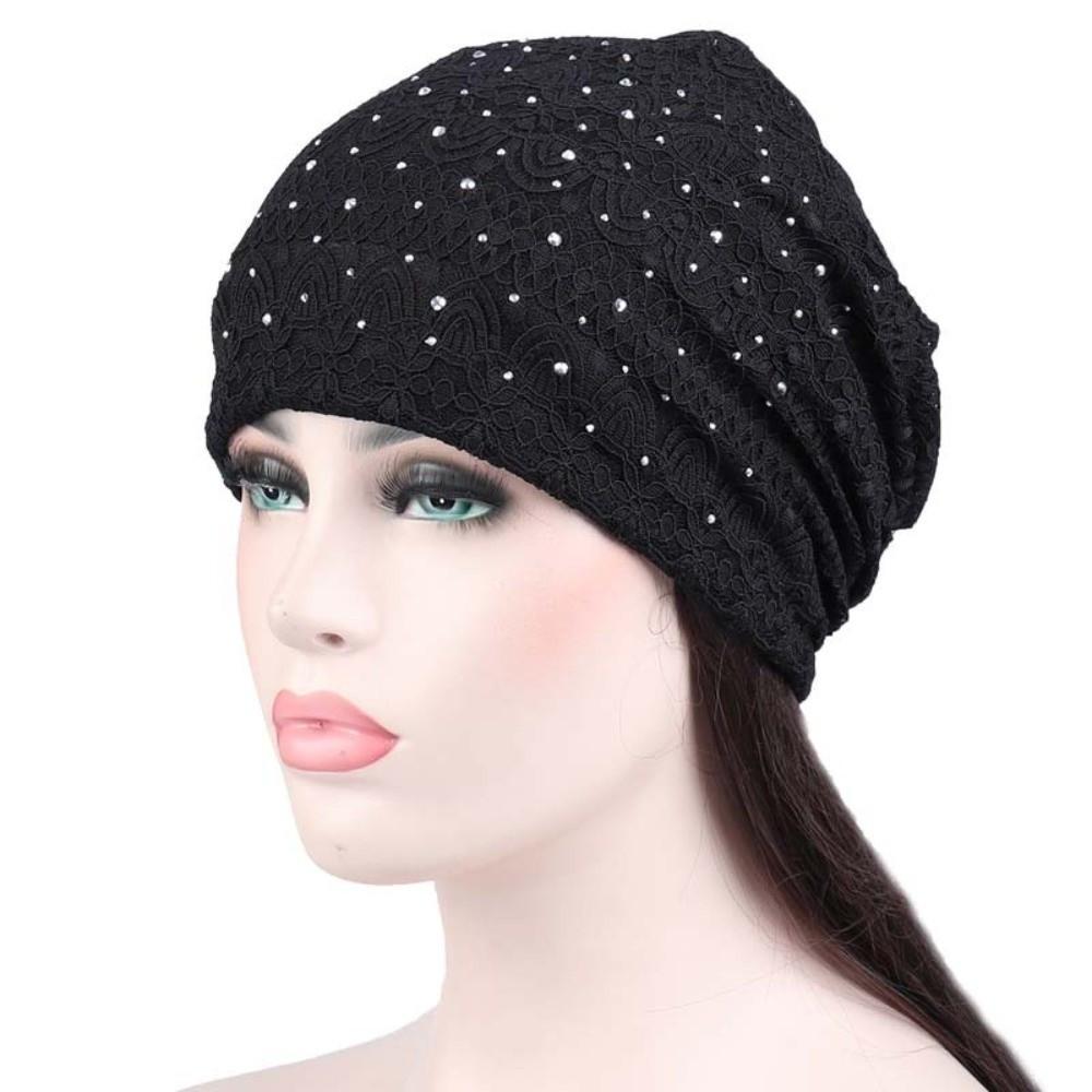 Ethnic Style Warm Bonnet Caps Rhinestones Hijab Turban Cap Casual Lace Beanie Hats  Autumn Spring