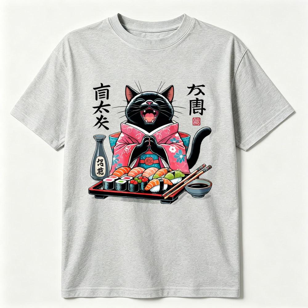 Sushi Loving Cat Graphic Tee Japanese Style Black Kitten Kawaii Food Lover Gift Unisex Unisex Fashion Top Cotton Shortsleeve