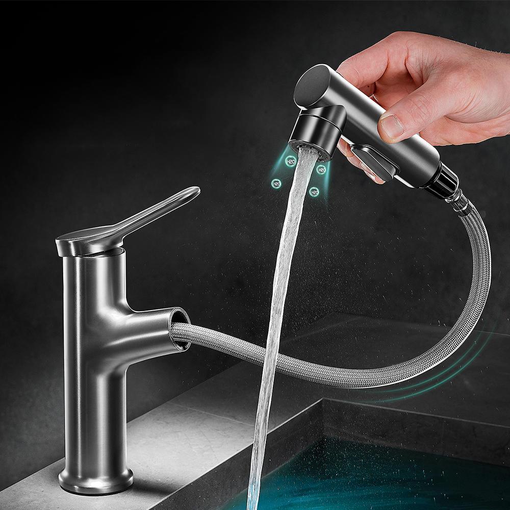 Luxury White Pull Out Sink Faucet Bathroom Brass Basin Faucet 3 Way Nozzle Hot and Cold Mixing Water Tap Wash Face Gargle Faucet
