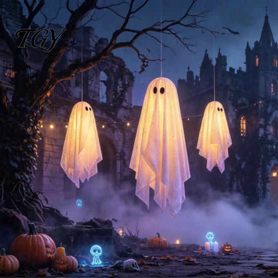 Beleuchtetes Geister-Set für Bäume 3 Stück Halloween Beleuchtete Hängende Dekorationen, Leuchtende Warme LED Schwebende Geister, Schwingende Ornamente Außen Display Baum