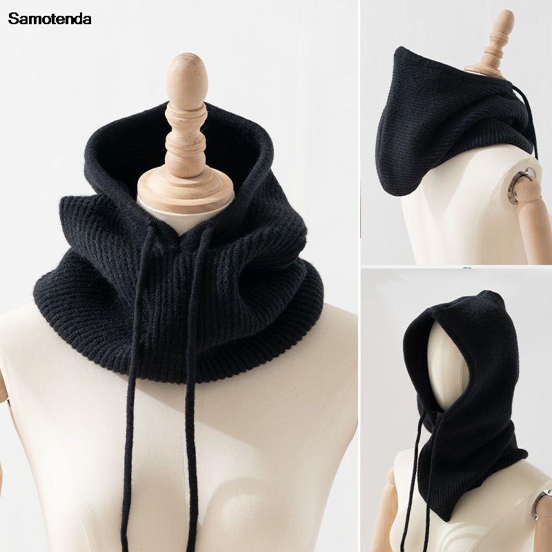 2025 Unisex Knitted Head Hood Faux Cashmere Hooded Neck Collar Cap Head Drawstring Thick Beanie Men Women Adjustable Elastic Hat
