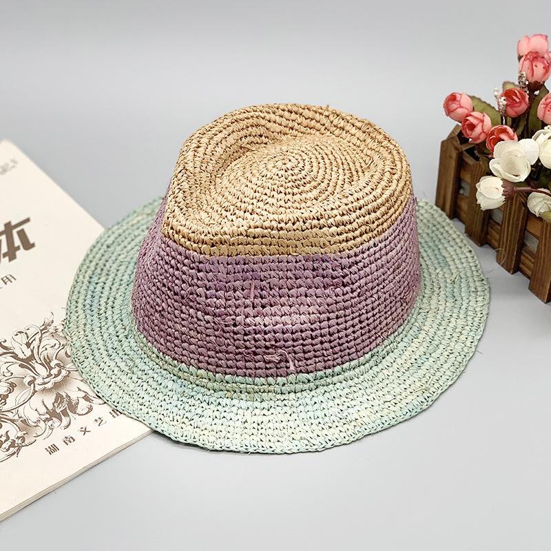 Natural Raffia Crochet Straw Hat Color Matching Hat Casual Striped Ruili Wind Short Brim Top Hat Seamless