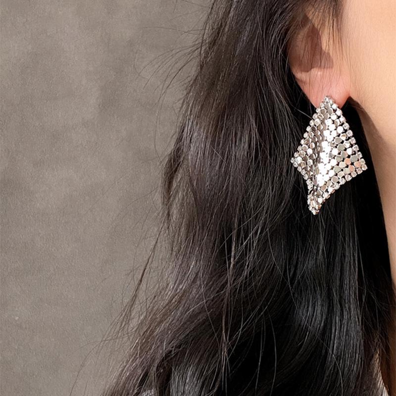 Gold-Plated Silver Zirconia Rhombus Tassel Stud Earrings - Elegant High-End Jewelry for Women