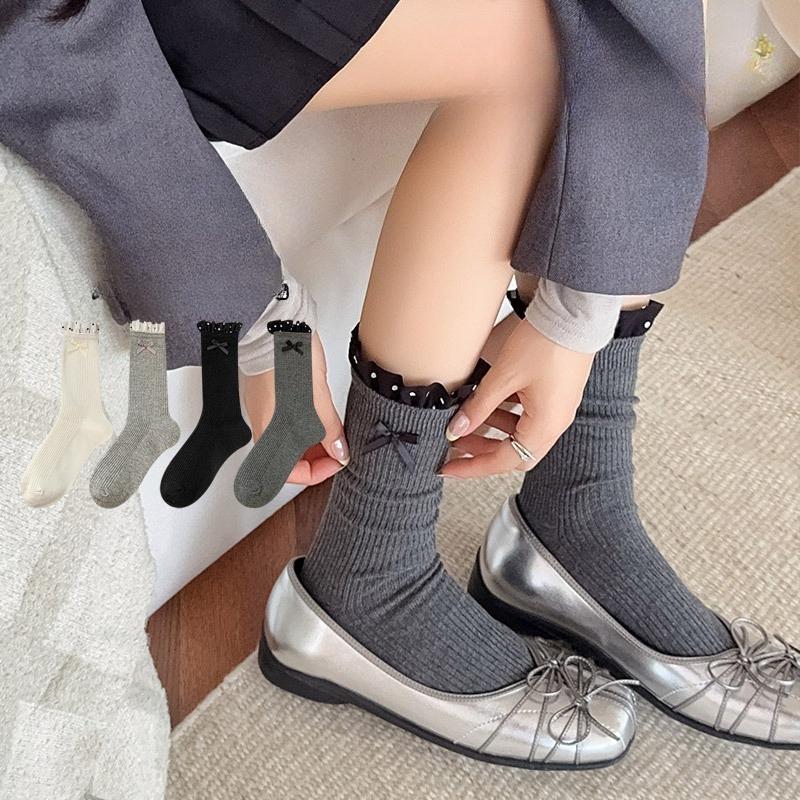 Polka Dot Lace Bow Tie Women's Mid-calf Socks Spring and Autumn Edition Ballet-style Girls' Long Calf Socks