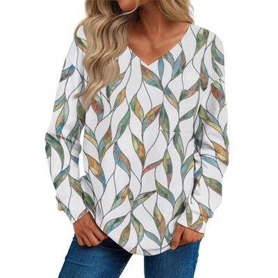 Modisches, lässiges, langärmliges, bedrucktes Pullover-Oberteil mit V-Ausschnitt für Damen