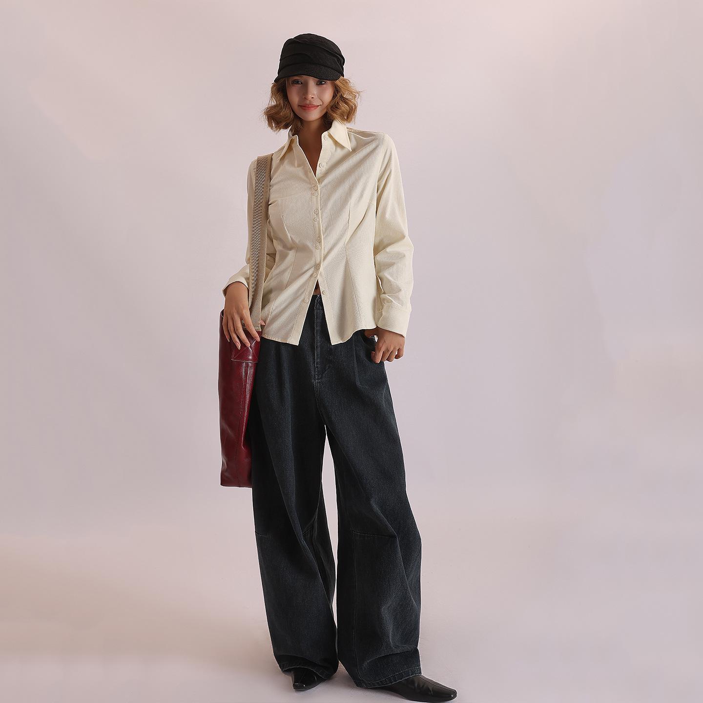 

Autumn-Winter Women s Washed Corduroy Slim Fit Long Sleeve Shirt L брудно-білий