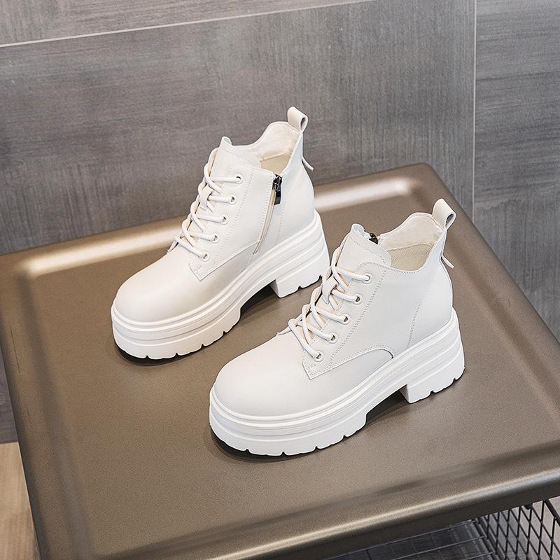 Autumn and winter new women's boots thick sole heightened new muffin bottom middle help casual lace-up short boots women's tide velvet