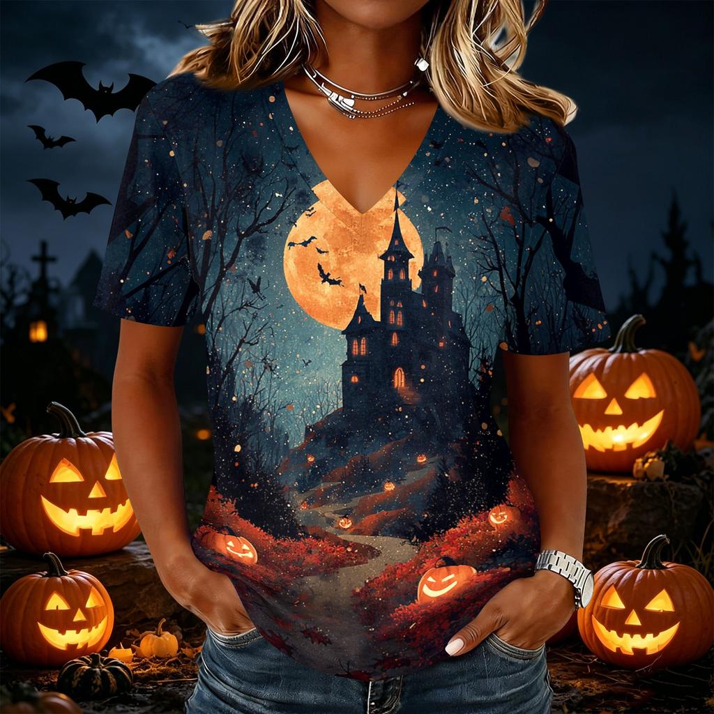 Women's Casual Short Sleeve Halloween Print V Neck Pullover Top Lightweight Comfortable Fit Seasonal Graphic Tee for Everyday Wear