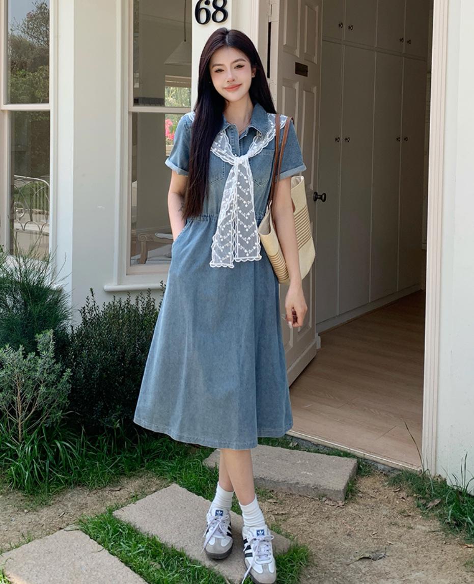 

Elegant Retro Denim Lace Shawl Two-Piece Dress - Plus Size, Short-Sleeved with Drawstring Waist L