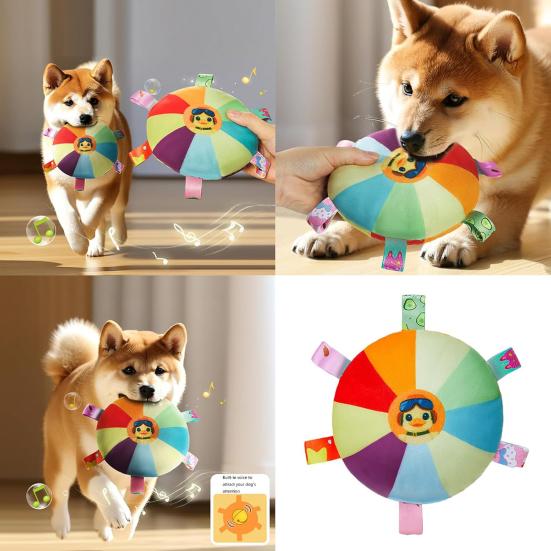 2 Pcs Rainbow Plush Flying Disc Dog Toy Interactive Sound Toy Outdoor Training Game Dog Chew Toy for Small Large Dogs